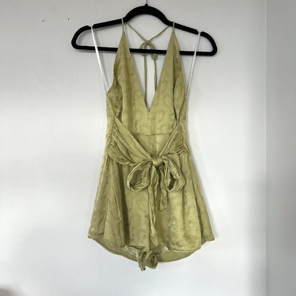 Lovers + Friends Addie Satin Halter Romper in Lime Green - Picture 3 of 8